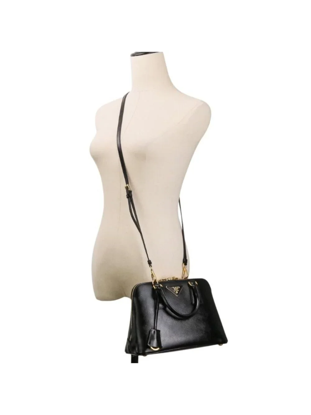 Prada Triangle Logo Leather Saffiano Vernis Clock 2-Way Shoulder Bag Black